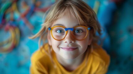 Cheerful Child Wearing Glasses: Portrait of a Smiling Kid with Bright Blue Eyes, Expressing Joy and Innocence Against a Colorful Backdrop.
