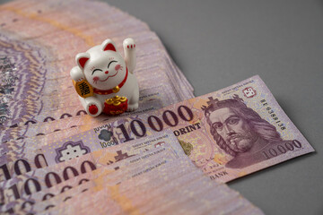 Hungarian HUF 10,000 banknotes are spread out on a gray table and sorted. It has a waving lucky cat...