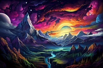 a colorful landscape with mountains and a river