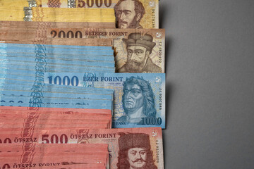 On a gray table, Hungarian forint paper money is spread out and sorted. Large denominations,...