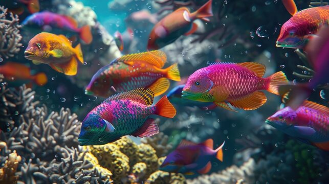 A dynamic underwater scene where a group of brightly colored parrotfish nibble on the coral, showcasing the interaction between fish and reef 