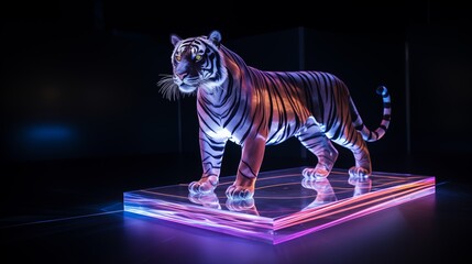 Holografic colorful tiger on little podium. Cyberpunk graphic elements. High resolution 3D model, wireframe style