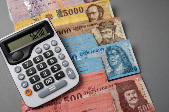 On a gray table, Hungarian forint paper money is spread out and sorted. Large denominations, calculator, Inflation and financial situation in Hungary.
