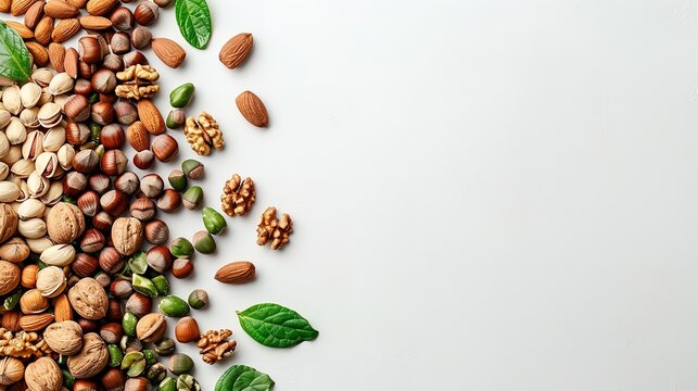 A pile of green and brown nuts on a white background with a big space for text or product, Generative AI.