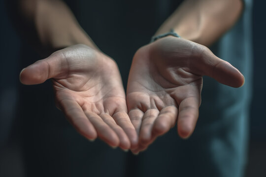 Human hands as if holding something. Empty palms with fingers closeup, begging or pleading concept