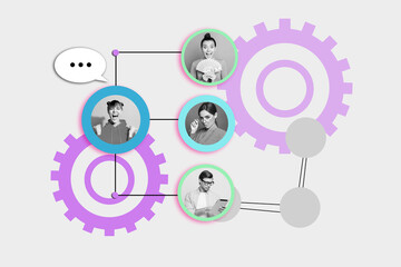 3d photo artwork graphics collage of young team colleagues have a call with dev ops and managers...