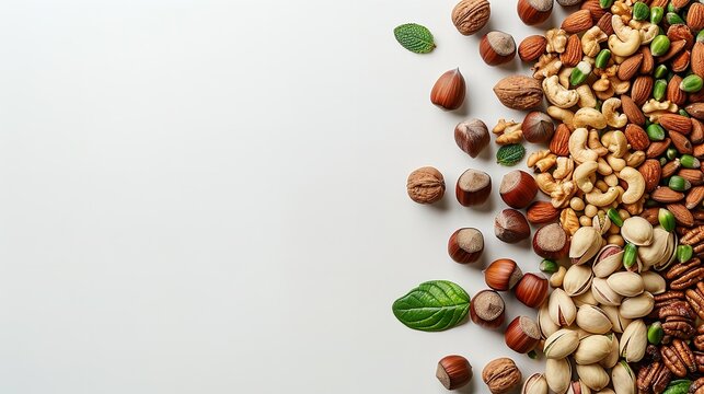 A pile of green and brown nuts on a white background with a big space for text or product, Generative AI.