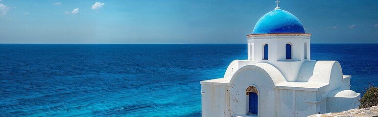 Fototapeta na wymiar Traditional church in blue and white in a Greek island, Greece. Empty space