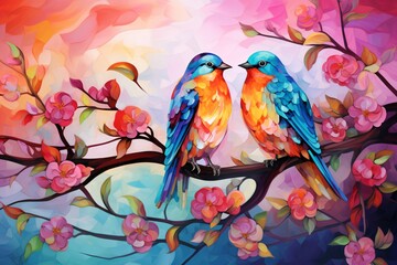 a couple of colorful birds on a branch with flowers