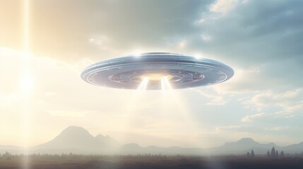Mysterious ufo flying in the sky with copy space for text and space exploration concept