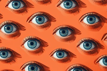 Collection of mesmerizing blue eyes meeting on vibrant orange background, creating a captivating visual dialogue