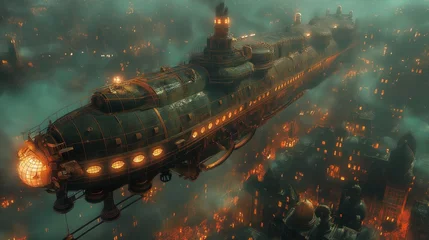 Deurstickers bustling steampunk airship docking at a floating city © natalikp