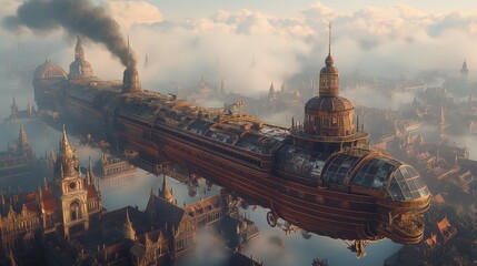 bustling steampunk airship docking at a floating city - obrazy, fototapety, plakaty