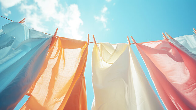 Pastel coloured sheets dry on clothesline against the background of blue sunny sky. Laundry day concept. Generative AI