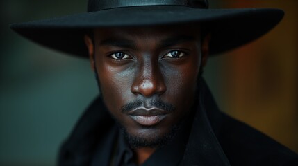 handsome african american male in all black suit and a black hat - obrazy, fototapety, plakaty