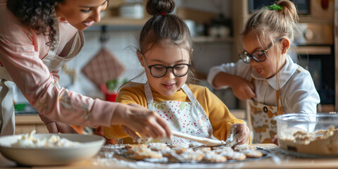 Mixed race girl with Down syndrome baking cookies with family. Learning Disability - obrazy, fototapety, plakaty