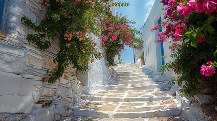 Greece, Cycladic architecture in a Greek island village. Paved alley, pink bougainvillea	