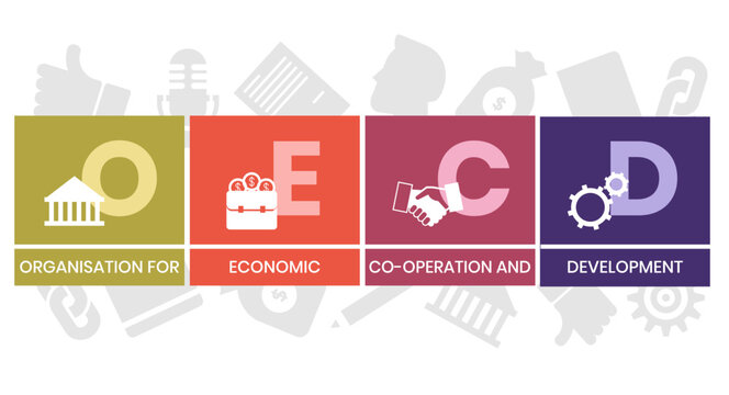 OECD - Organisation for Economic Co operation and Development acronym. business concept background. vector illustration concept with keywords and icons.