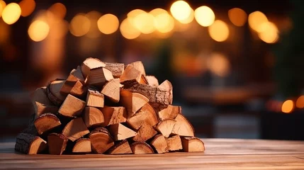 Tuinposter Pile of firewood on blurred defocused background with space for text and copy space © chelmicky