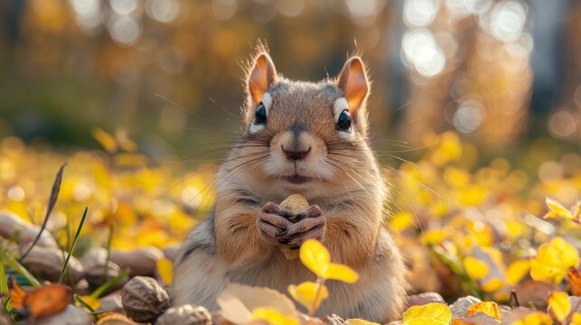 Chipmunk eats peanut on the green park background
