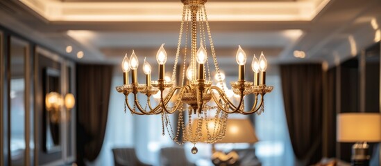 A stylish chandelier hangs from the ceiling in a well-lit living room, adding a touch of sophistication to the space. The room appears to be part of a luxurious palace apartment or hotel.