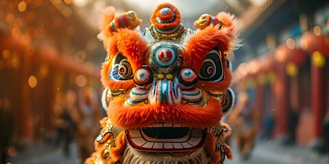 Bringing Luck and Joy: Traditional Lion Dancers in the Festive Parade. Concept Festive Parade, Traditional Lion Dancers, Bringing Luck, Joyful Celebrations, Cultural Performance