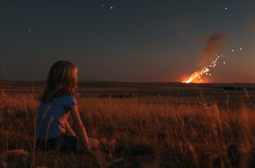 A girl watches a meteorite in a field