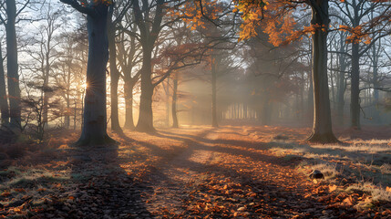 A forest, with dappled sunlight filtering through the trees as the background, during a tranquil autumn afternoon