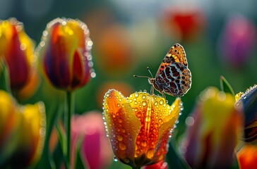 Butterfly on dewy tulip