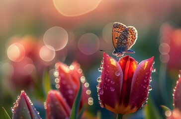 Morning dew on tulips with butterfly