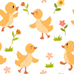 Easter chicks seamless pattern. Spring background. Cheerful little chickens. Funny domestic animals. Spring collection of animals, flowers, newborn poultry. Cartoon Vector illustration