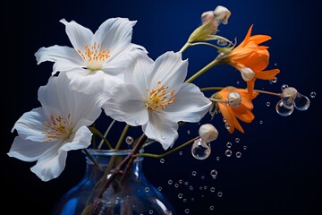 a white and orange flowers in a glass vase