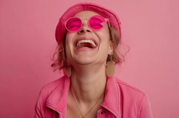 Woman laughing in pink