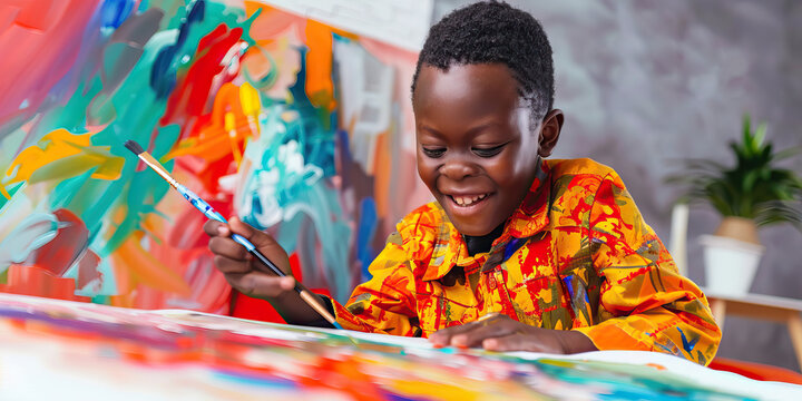 African American boy with Down syndrome painting at home. Learning Disability