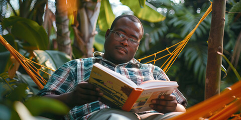 African American man with Down syndrome reading a book in a hammock. Learning Disability