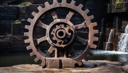 Fototapeta na wymiar Old cast iron gear of the early 19th century on the dam