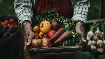  the hands of an unrecognizable farmer holding a box with organic vegetables and fruits