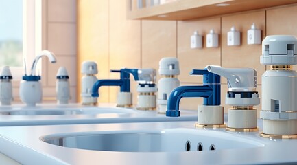 a row of sinks with faucets - obrazy, fototapety, plakaty