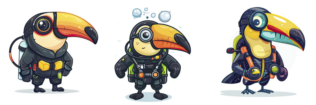 Diver With Toucan Bird Cartoon                         , Isolated Transparent Background Images
