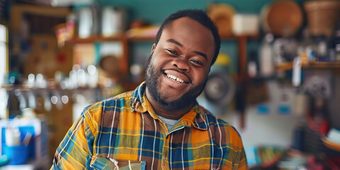 African American man with Down syndrome volunteering at a local shelter. Learning Disability - obrazy, fototapety, plakaty