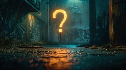 a question mark lit up in a dark alley