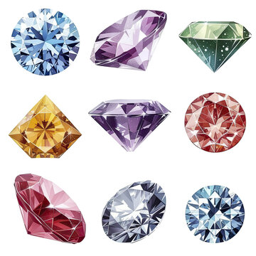 Diamond Gemstone Collection Cartoon, Isolated Transparent Background Images