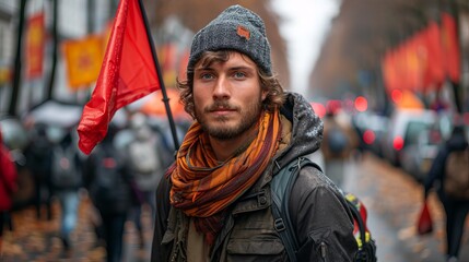 A young man with a red flag at a demonstration, expressing political activity and citizenship.
Concept: Civic activism, political participation, youth movement. - obrazy, fototapety, plakaty