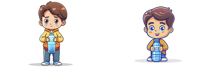 Boy Thirsty Drink Water Bottle Cartoon, Isolated Transparent Background Images