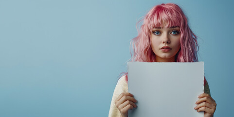 Young girl with peach hair and a white sheet of paper in her hands, isolated on a blue background
