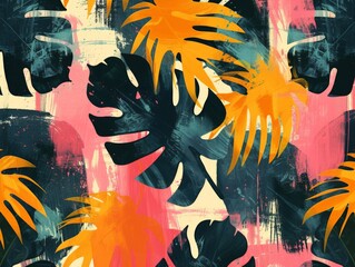 Tropical Leaves Seamless Pattern on Pink, Orange, and Yellow Background for Design and Print Products