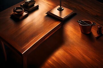 A high-resolution image capturing the fine details of a varnished wooden desk bathed in soft,...