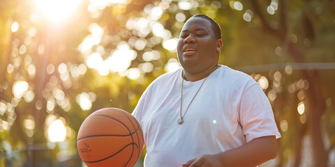 African American man with Down syndrome playing basketball at the park. Learning Disability - obrazy, fototapety, plakaty
