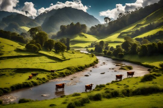 A peaceful river flowing through a lush valley, with grazing cows on the riverbank adding a pastoral touch. © WOW