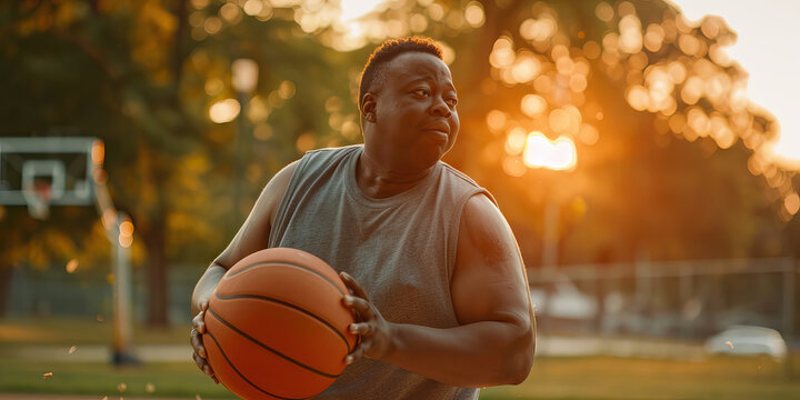 African American man with Down syndrome playing basketball at the park. Learning Disability